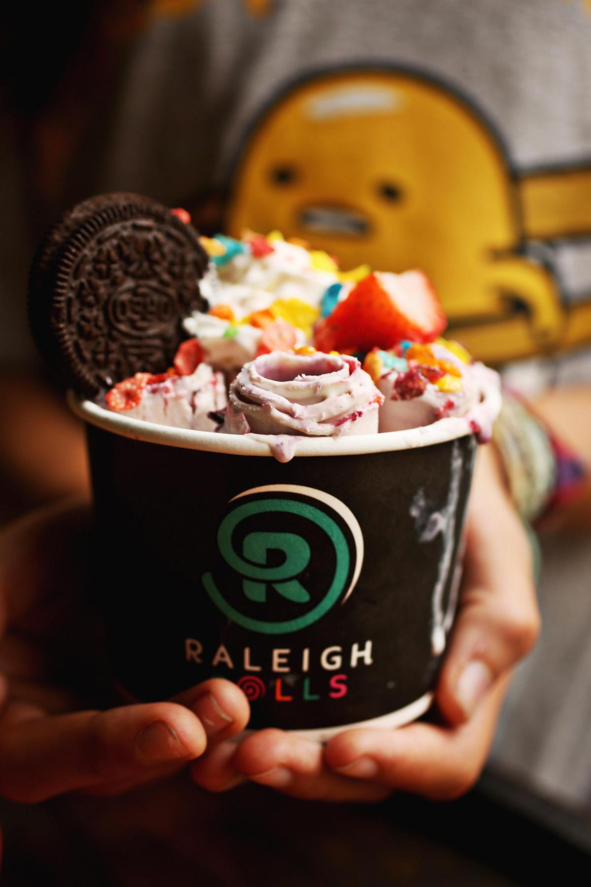 Raleigh Rolls serves rolled Thai ice cream, including mixed berry topped with Fruity Pebbles, at Morgan Street Food Hall in downtown Raleigh.
