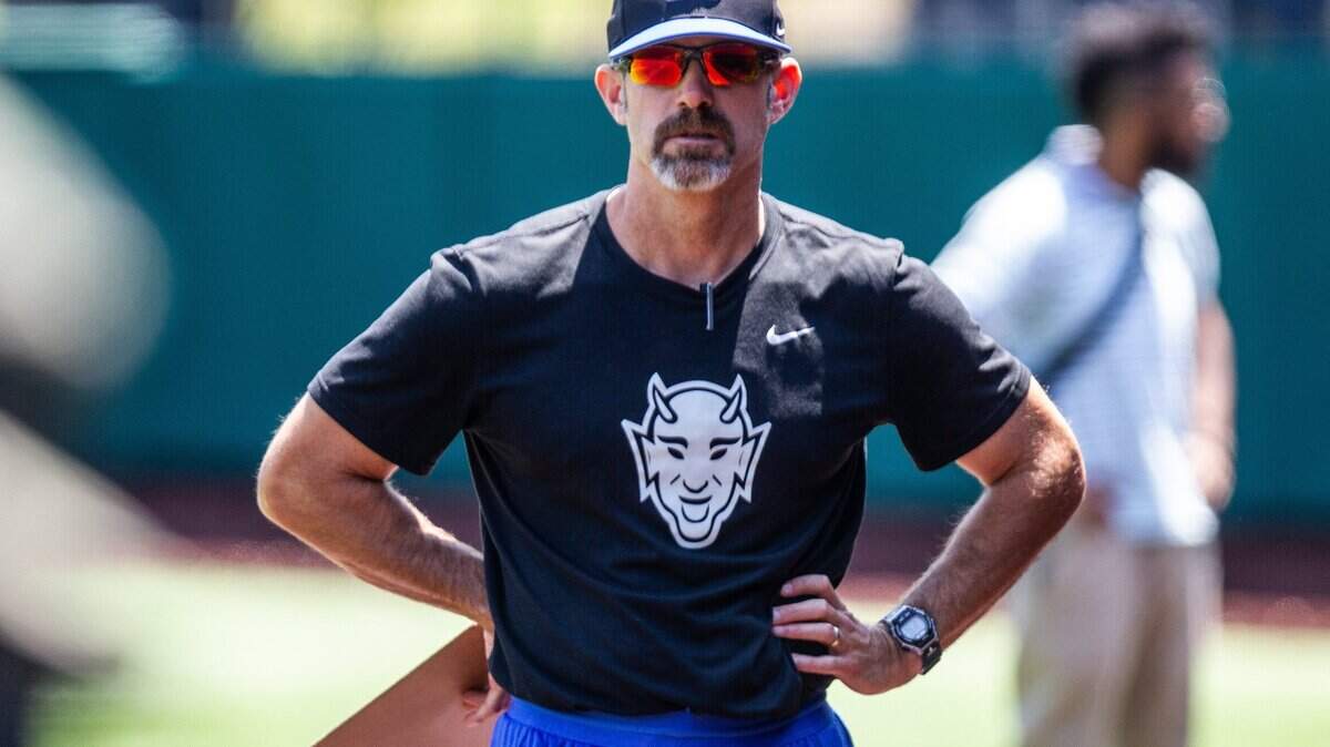 Duke head baseball coach Chris Pollard leads a practice Tuesday, June 4, 2019 at Jack Coombs Field at Duke University in Durham. Duke is preparing for the Nashville Super Regional at Hawkins Field at Vanderbilt.