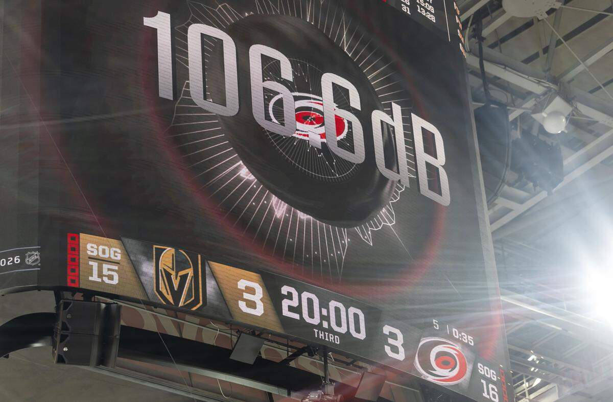 With the scored tied 3-3 at the start of the third period, Carolina Hurricanes fans with the help of the spirit squad, push the decibel meter to 106.6dB in Lenovo Center, during Game 1 of the Stanley Cup Finals, on Tuesday, June 2, 2026 in Raleigh, N.C.