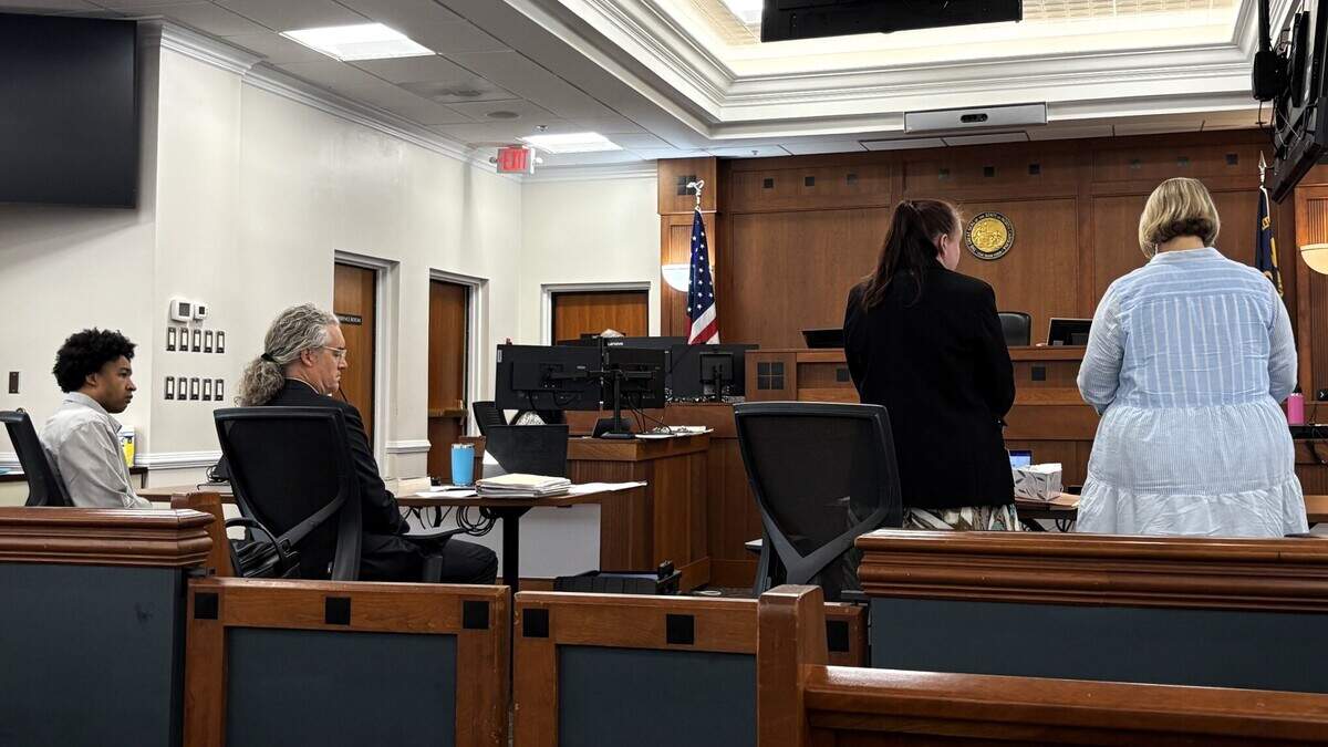 Strother Murray-Ndinga talks about her stepson Serguei “Dolys” Ndinga Momo, who died from a drug overdose, as Jerimiah Hargrove (seated, at left), the man charged with selling him the drugs, listens in an Orange County court.