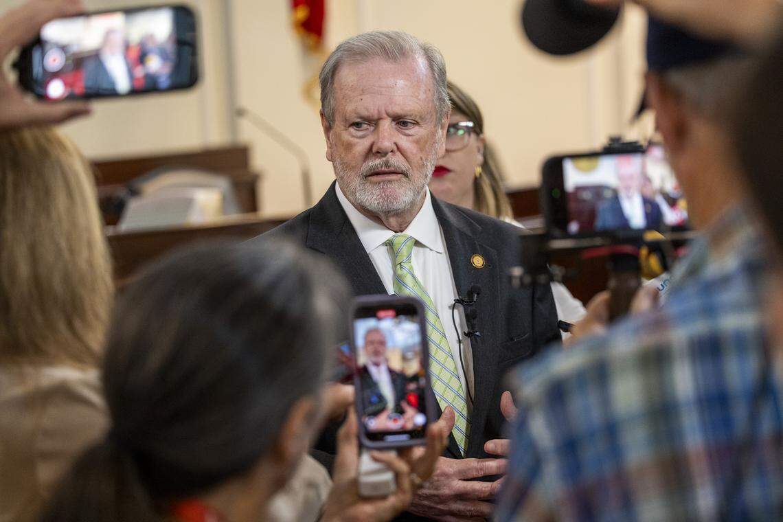 Senate leader Phil Berger answers questions from reporters after the North Carolina Senate passed a mini-budget bill Tuesday, July 29, 2025, at the General Assembly. The bill will be sent to Gov. Josh Stein’s desk once it clears the House.