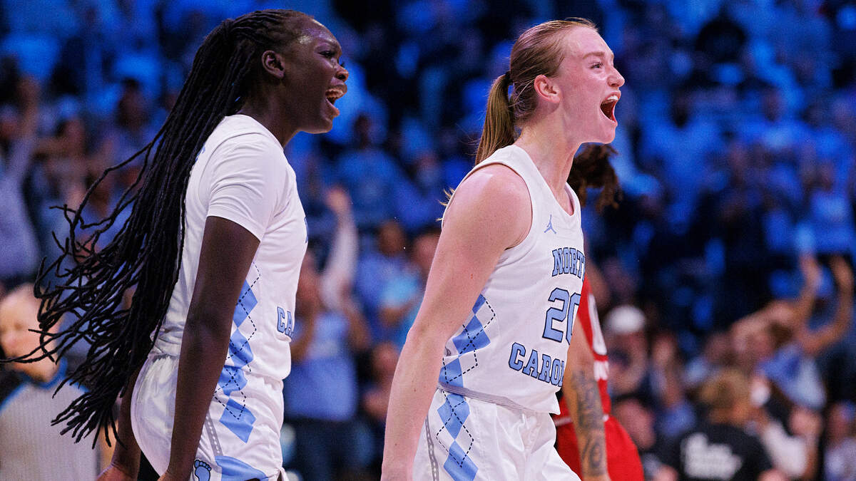 North Carolina’s Maria Gakdeng and Lexi Donarski react during the second half of the Tar Heels’ 80-70 win over N.C. State on Thursday, Feb. 22, 2024, at Carmichael Arena in Chapel Hill, N.C.