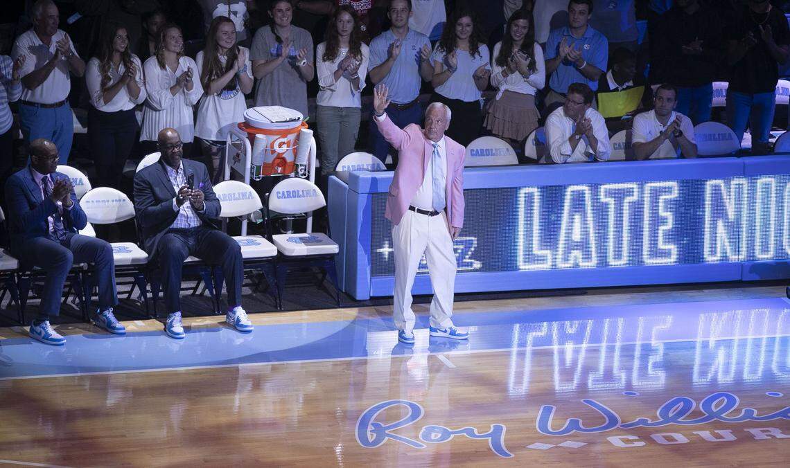 Roy Williams waves to the crowd upon bis introduction during the annual Late Night With Roy Williams event on Friday, September 27, 2019 at the Smith Center in Chapel Hill, N.C.