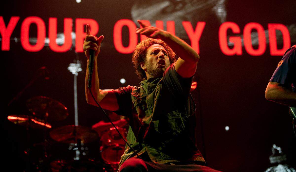 Rage Against the Machine’s Zack de la Rocha in concert, Sunday night, July 31, 2022 at Raleigh, N.C.’s PNC Arena.
