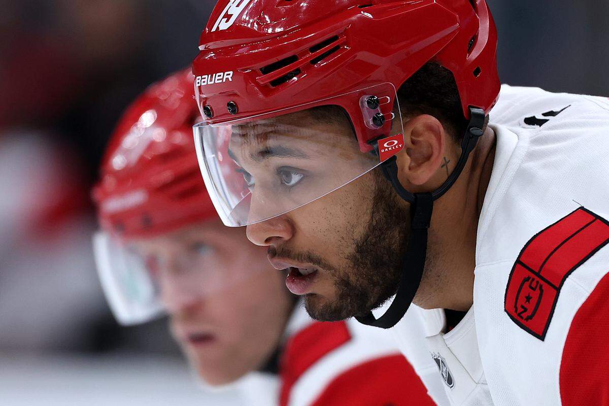 K'Andre Miller of the Carolina Hurricanes looks on during the third period at TD Garden on Nov. 17, 2025 in Boston, Massachusetts. 