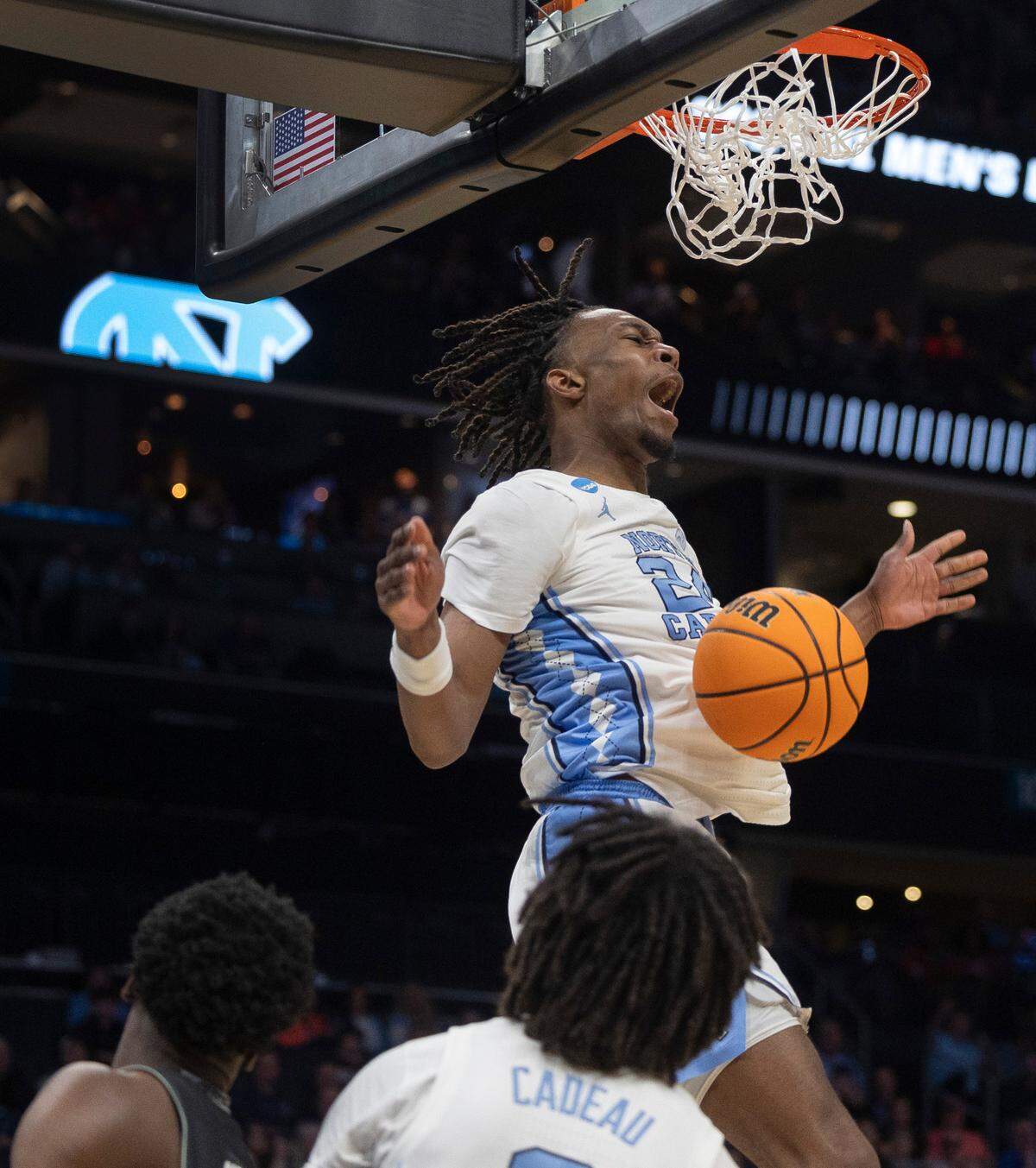 North Carolina’s Jae’Lyn Withers (24) reacts after a dunk on as fast break in the second half against Wagner on Thursday, March 21, 2024 during the NCAA Tournament at Spectrum Center in Charlotte, N.C. Withers scored 16 points in the Tar Heels’ victory.