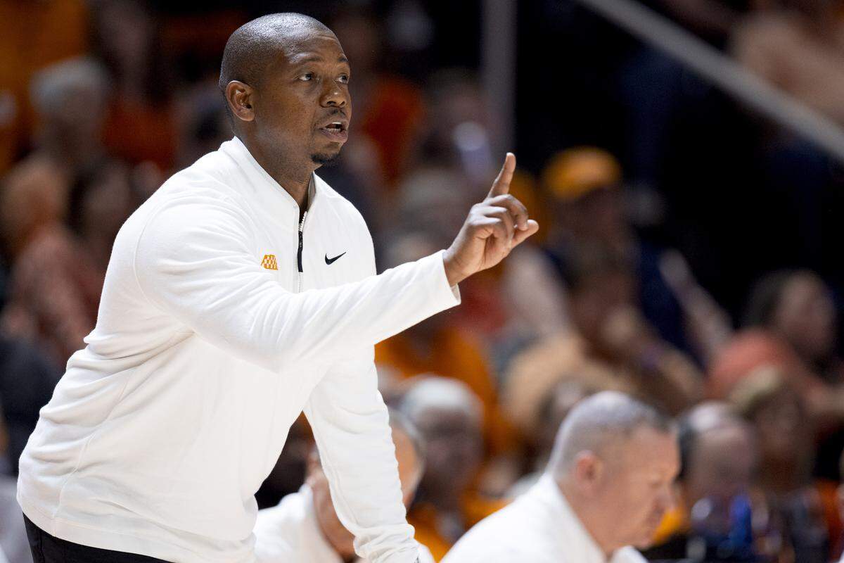 Associate Head Coach Justin Gainey of the Tennessee Volunteers instructs the players during an exhibition game between Duke and Tennessee at Food City Center in Knoxville, TN in October 2025.