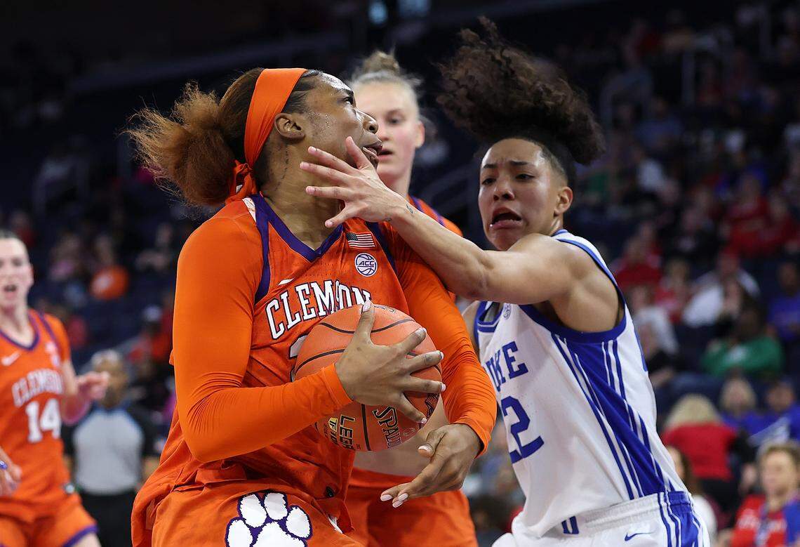 Demeara Hinds (25) of the Clemson Tigers grabs a rebound against Taina Mair of the Duke Blue Devils during the second quarter of their Women’s ACC Tournament quarterfinal at Gas South Arena on March 6, 2026 in Duluth, Georgia.