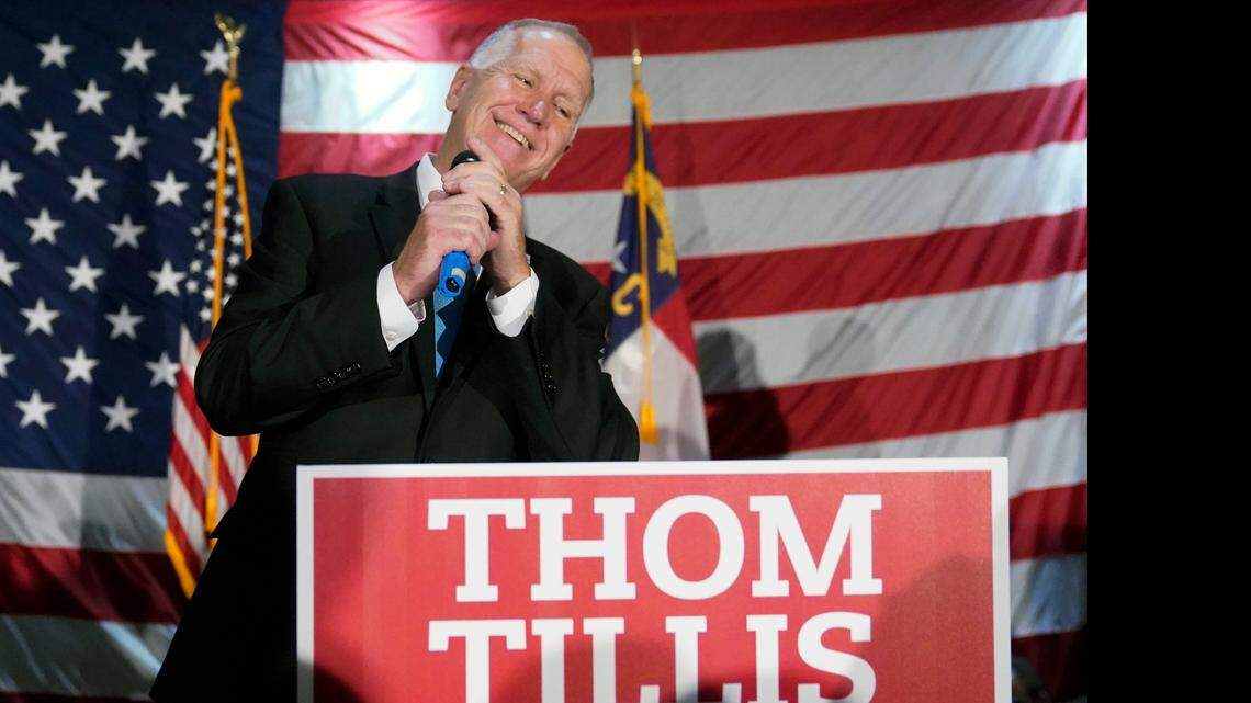 Sen. Thom Tillis, R-N.C., speaks to supporters at a election night rally Tuesday, Nov. 3, 2020, in Mooresville, N.C. (AP Photo/Chris Carlson)