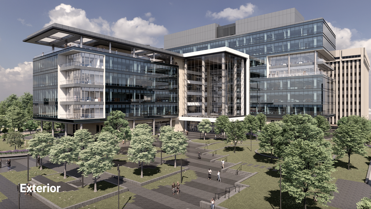 Exterior renderings of the NC Education Campus, now under construction in downtown Raleigh, NC. The building is slated to open in 2028 and will include UNC System, Community Colleges, Department of Commerce and Department of Public Instruction offices.