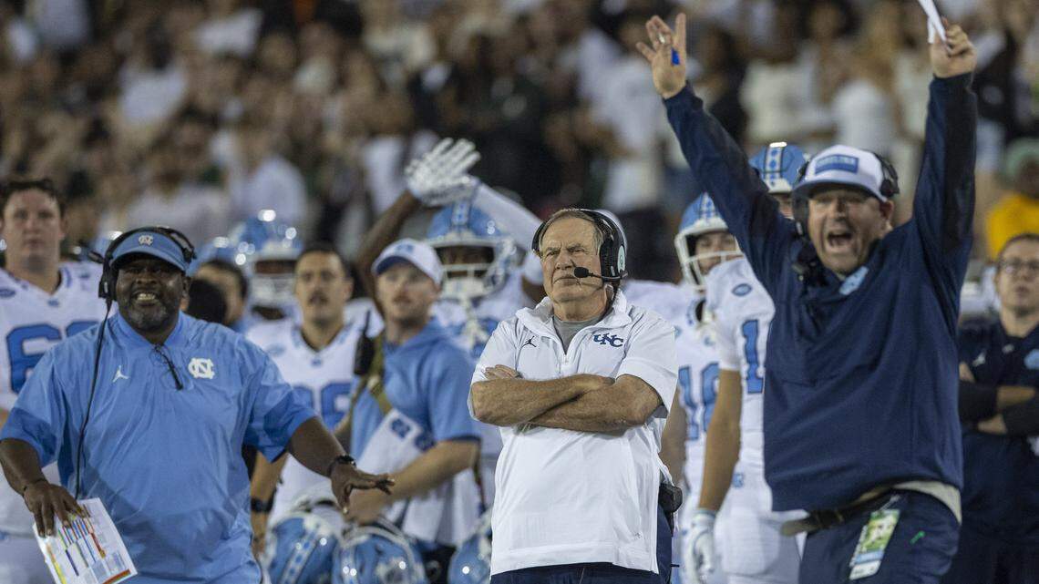 North Carolina coach Bill Belichick and his staff react after a missed field goal attempt by UNC Charlotte in the second quarter on Saturday, September 6, 2025 at Jerry Richardson Stadium in Charlotte, N.C. 