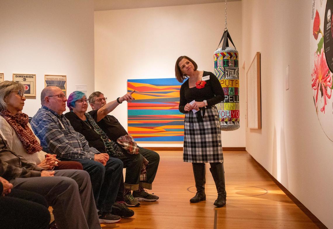 Jessica Rhule, Director of Education, leads a group discussion about a piece of artwork on display at the Nasher Museum of Art with a monthly support group called ‘Reflections’ organized by the Duke Dementia Family Support Program, designed for both patients and caregivers to engage with works of art together while building a sense of community, on Wednesday, Jan. 8, 2020, in Durham, N.C.