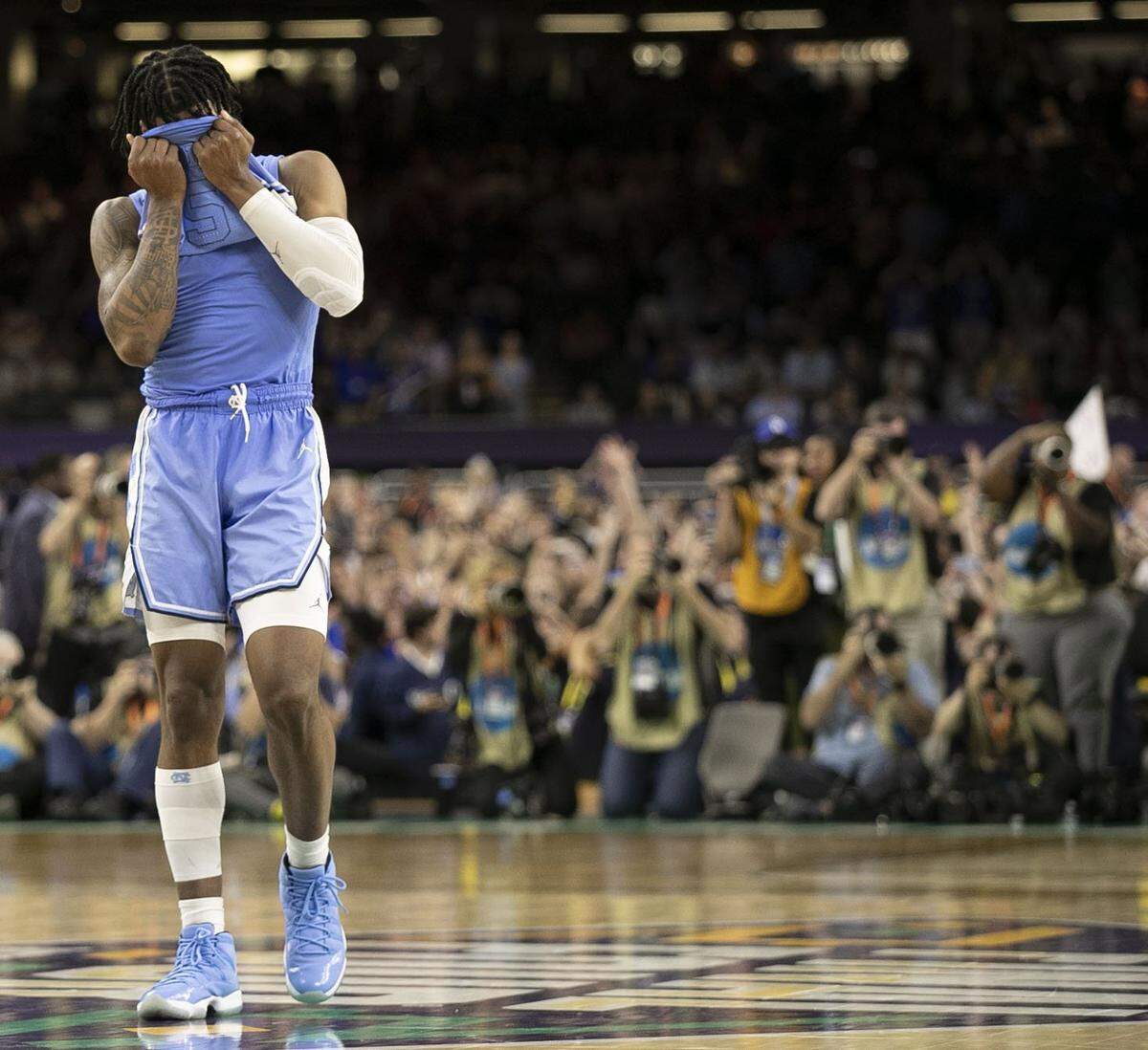 North Carolina’s Caleb Love (2) reacts after missing a three-point shot with 2.1 seconds to play to secure a 72-69 victory for Kansas during the NCAA Championship game on Monday, April 4, 2022 at Caesars Superdome in New Orleans, La.