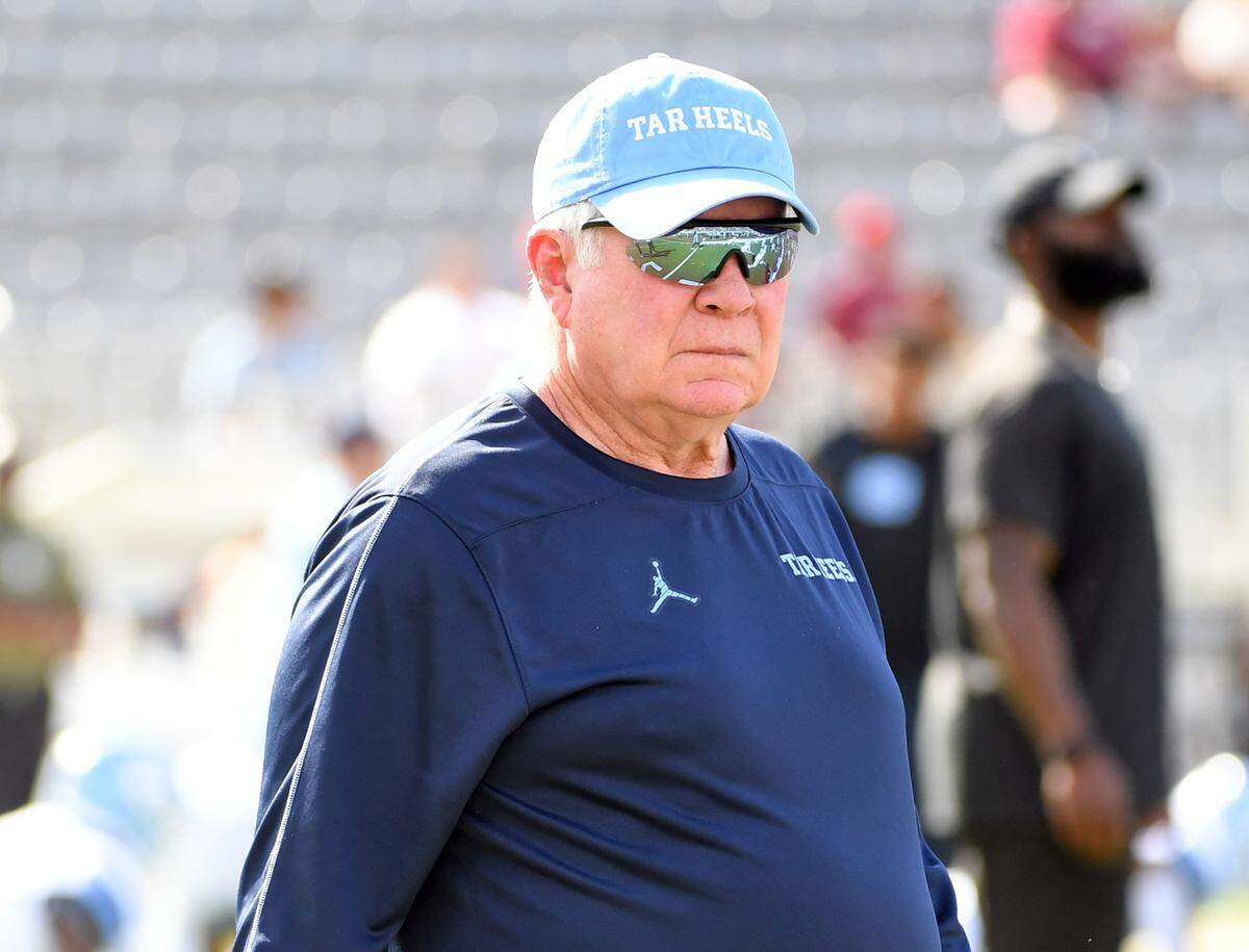 Nov 2, 2024; Tallahassee, Florida, USA; North Carolina Tarheels head coach Mack Brown during warmups before a game against the Florida State Seminoles at Doak S. Campbell Stadium. Mandatory Credit: Robert Myers-Imagn Images
