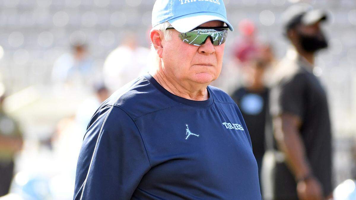 Nov 2, 2024; Tallahassee, Florida, USA; North Carolina Tarheels head coach Mack Brown during warmups before a game against the Florida State Seminoles at Doak S. Campbell Stadium. Mandatory Credit: Robert Myers-Imagn Images