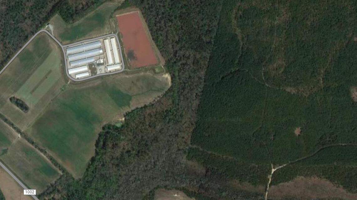 An equipment failure at Murphy-Brown Farm 7692, shown here in a satellite image, caused nearly 30,000 gallons of hog waste to spill into a nearby creek on Friday, January 27. Little Turnbull Creek is southeast of the farm.