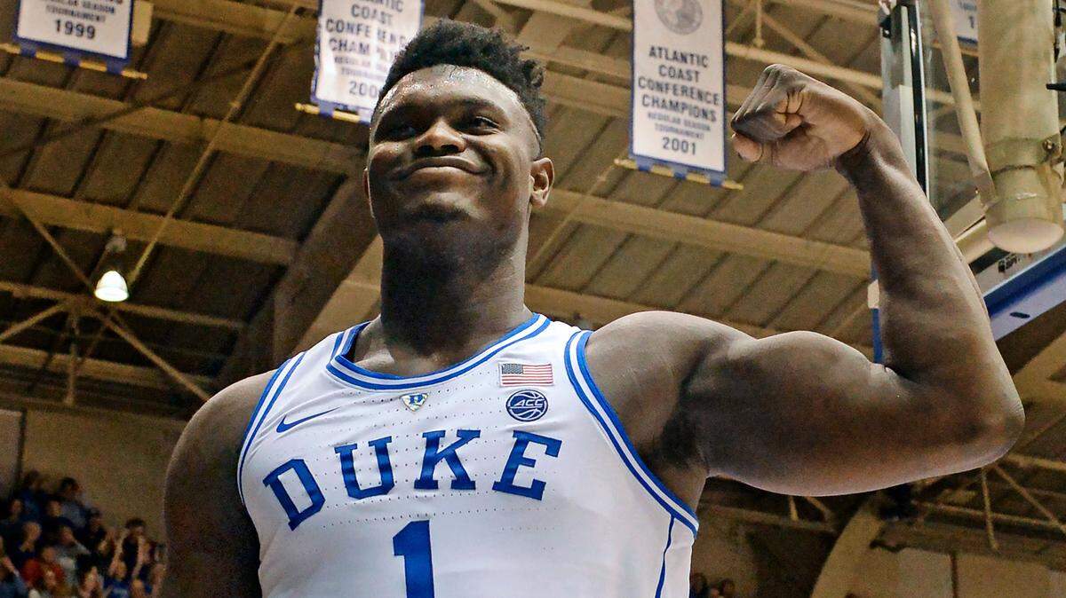 Duke forward Zion Williamson (1) reacts after scoring a second half basket against the Wolfpack. Williamson scored 32 points as Duke defeated NC State 94-78 at Cameron Indoor Stadium In Durham, N.C. Saturday, Feb.16, 2019.