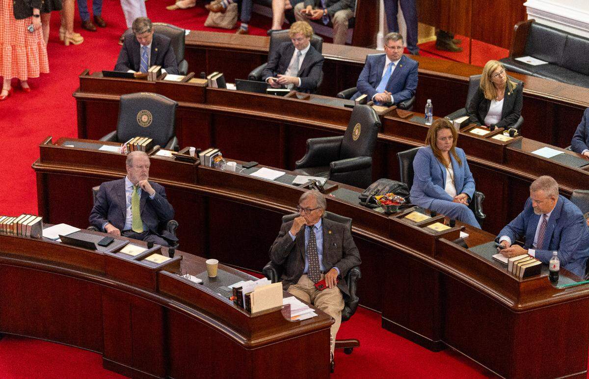 Senator Bill Rabon and Senate leader Phil Berger, left, listen to the final moments of their session on Thursday, June 19, 2025.  