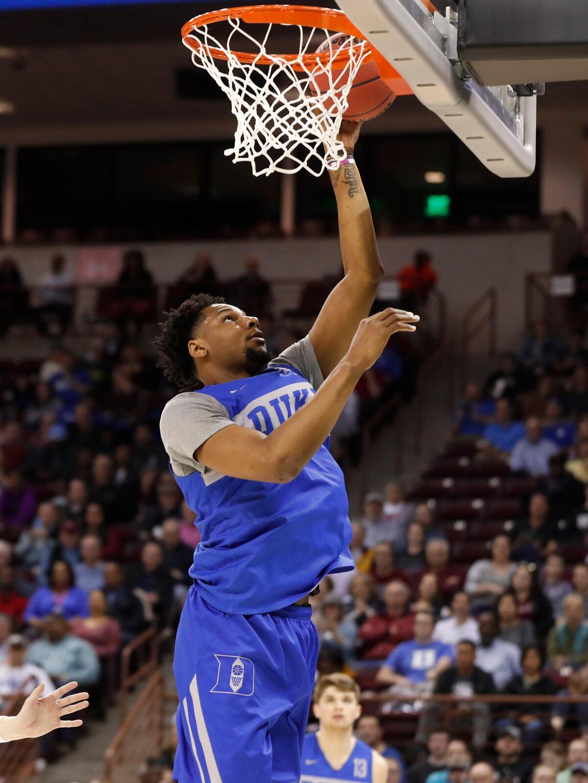 Duke’s Marques Bolden (20) shoots during Duke’s practice before the first round of the NCAA Men’s Basketball Tournament in Columbia, S.C., Thursday, March 21, 2019.