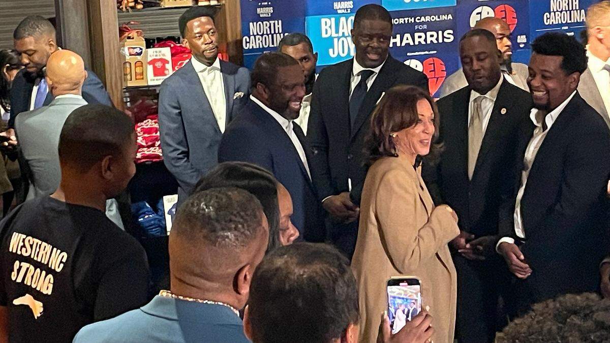 Vice President Kamala Harris made a stop at The Pit restaurant in downtown Raleigh, N.C. Saturday evening, October 12, 2024 in advance of a campaign stop in Greenville, N.C. on Sunday.