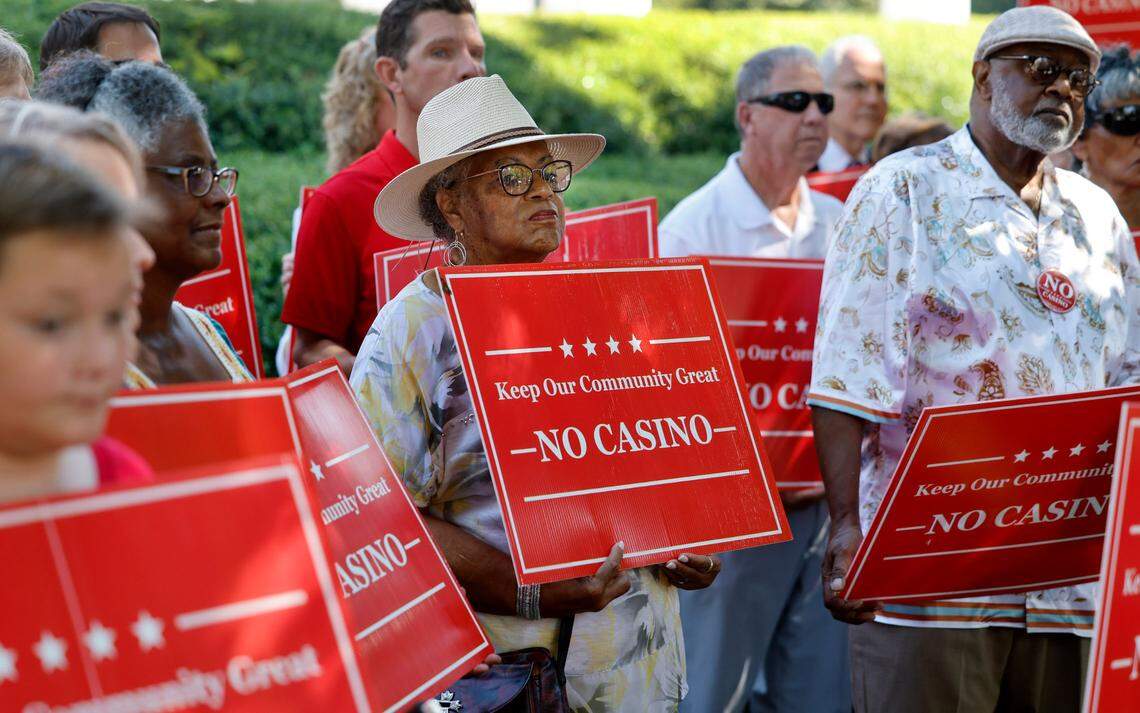 Faye Allen, center, listens during a press conference outside the N.C. Legislative building Sept. 5, 2023. Residents from Rockingham and Nash counties, two of the four counties that could host new casinos if a Republican proposal advances, spoke out against the plan during a press conference outside the Legislative Building.