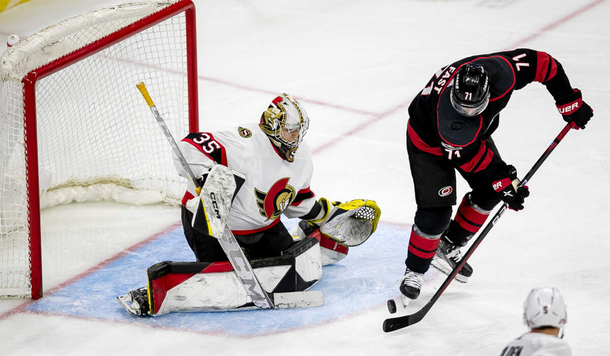 Carolina Hurricanes’ Jesper Fast (71) tries to score on Ottawa goalie Leevi Merilainen (35) during the third period on Tuesday, April 4, 2023 at PNC Arena in Raleigh, N.C.