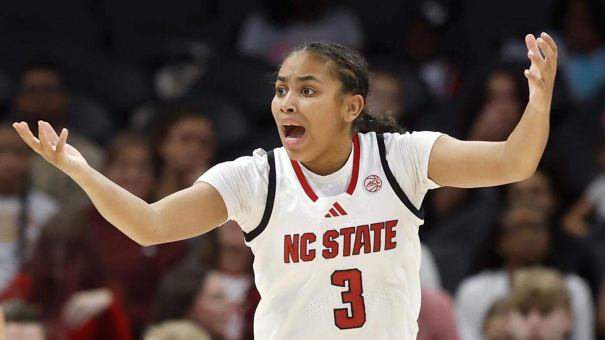 N.C. State’s Zamareya Jones reacts to a foul call during the second half of the Wolfpack’s 69-68 loss to Southern California in the Ally Tipoff game on Sunday, Nov. 9, 2025, at Spectrum Center in Charlotte, N.C.