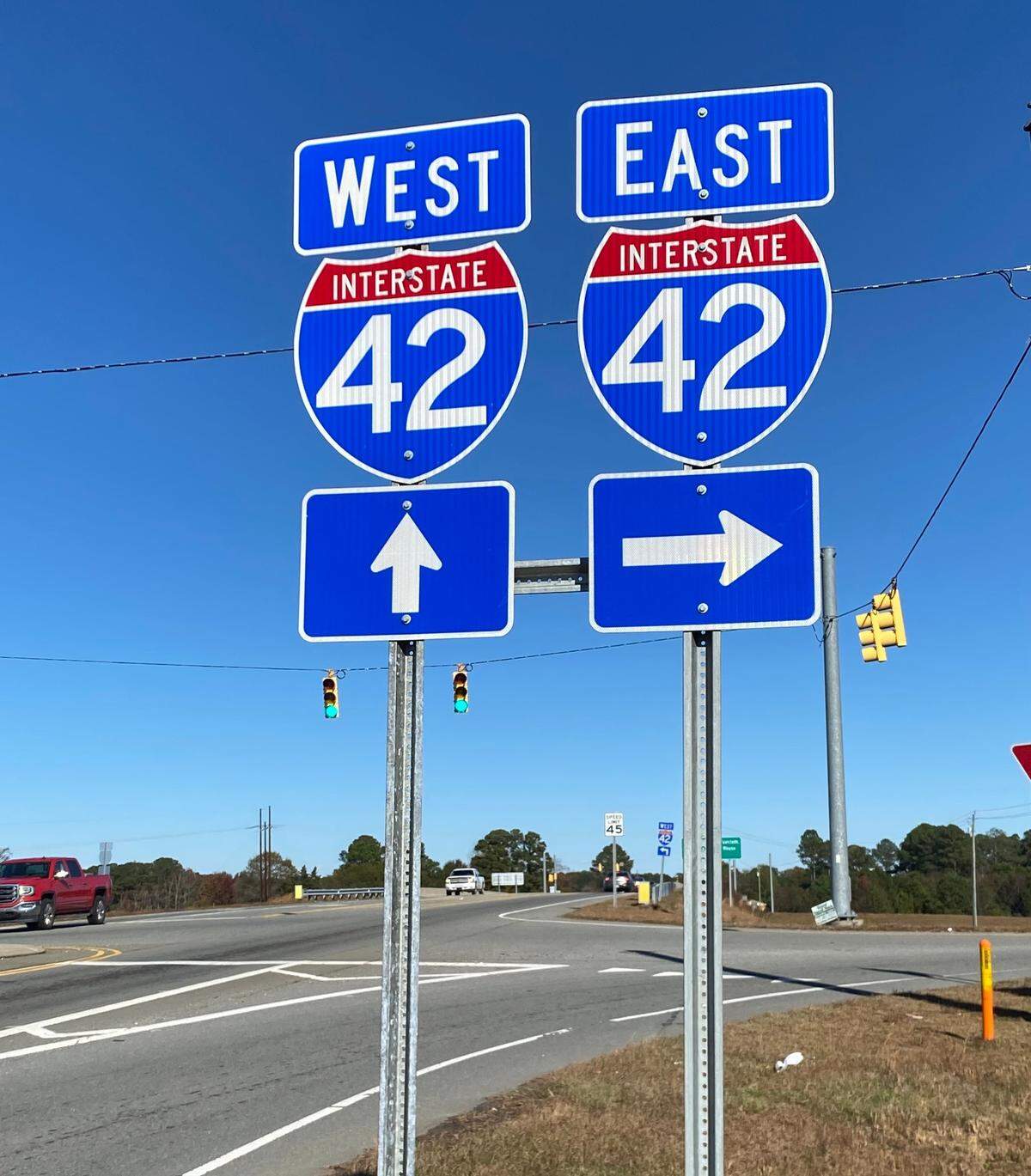 New highway signs near the bypass around Goldsboro. Similar signs were put up along the Clayton Bypass, as the 10-mile stretch of U.S. 70 there became Interstate 42.