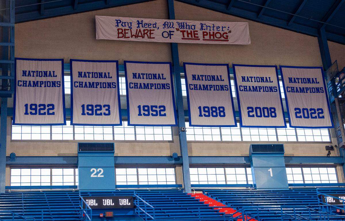 Six National Championship banners hang in the rafters of the historic Allen Fieldhouse at the University of Kansas on Thursday, November 7, 2024 in Lawrence, Kansas.