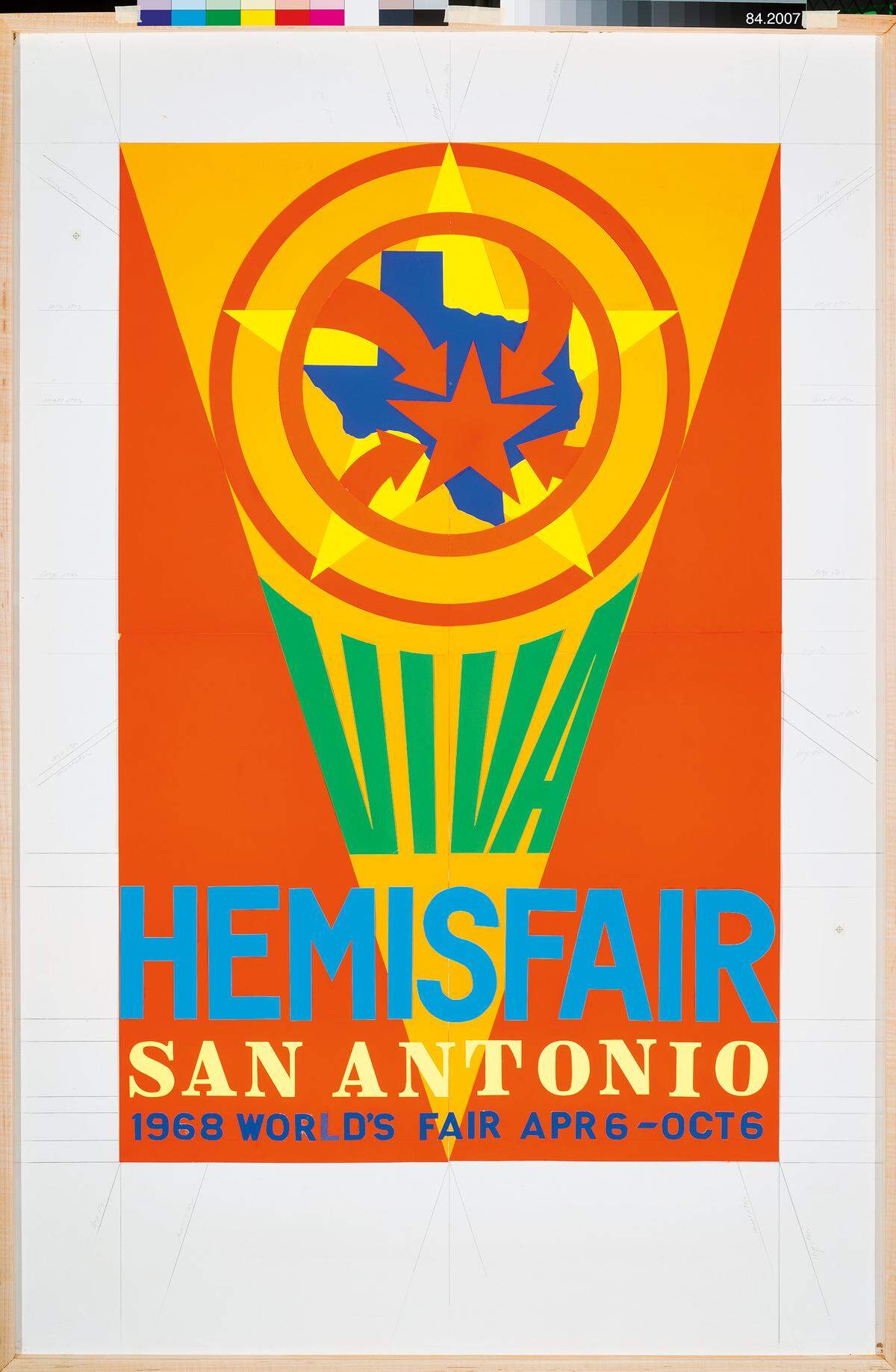 Robert Indiana, “Study for Viva HemisFair poster,” 1967. Collage and graphite on board, 60 x 40 inches. Collection of the Tobin Theatre Arts Fund, San Antonio, Texas; 84.2007. Courtesy of the McNay Art Museum, San Antonio, Texas. 