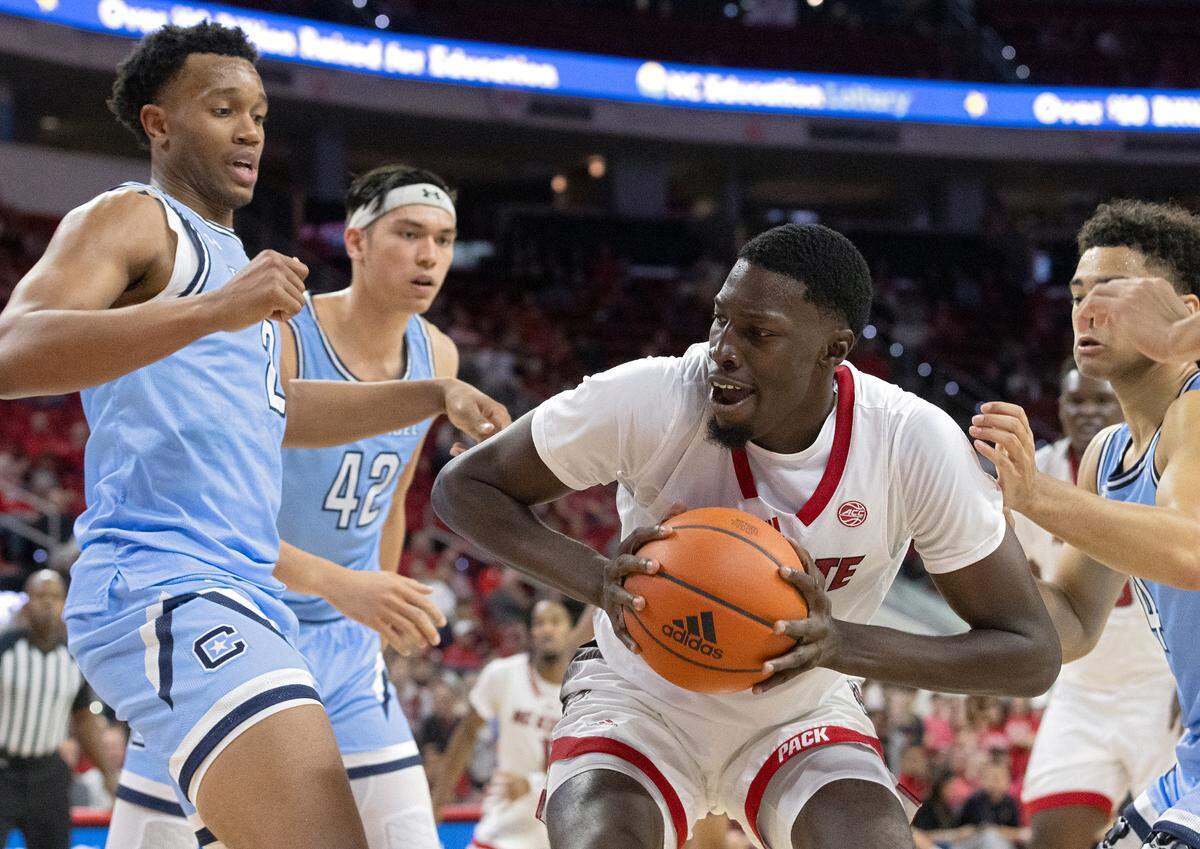 N.C. State’s Mohamed Diarra powers through the defense towards the basket during the second half of the Wolfpack’s 72-59 win over The Citadel on Monday, Nov. 6, 2023, at PNC Arena in Raleigh, N.C.