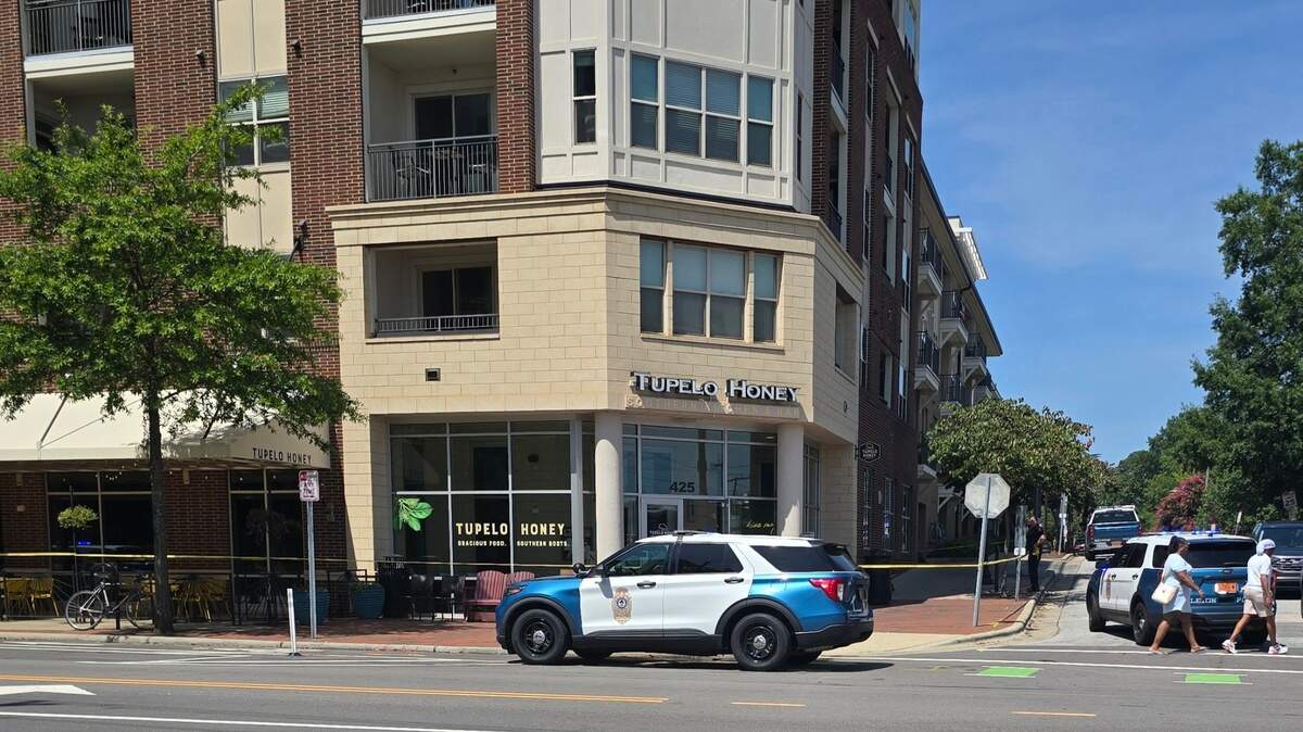 Raleigh Police were called to Raleigh restaurant Tupelo Honey on July 20, 2025. Police confirmed there was an “assault by pointing” a gun. Photo shared by an N&O reader.