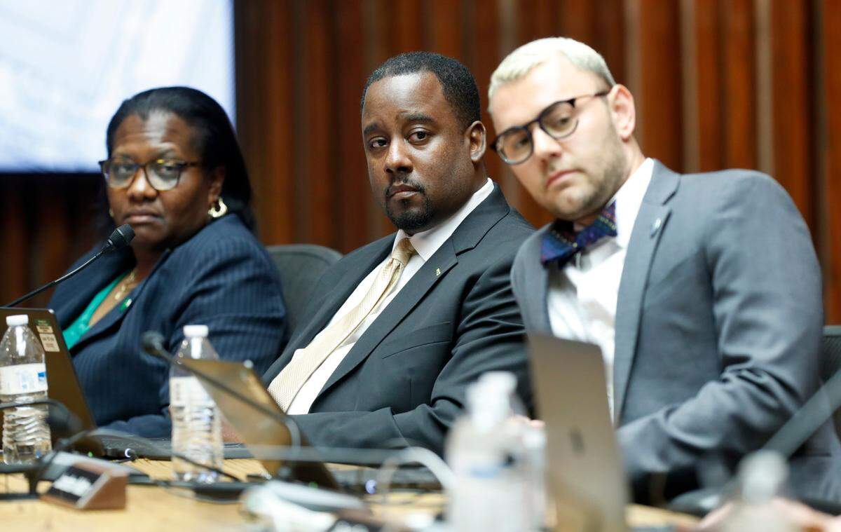 From left Raleigh city council members Stormie D. Forte, Corey Branch and Jonathan Melton listen during the Raleigh City Council meeting at the Municipal Building in Raleigh, N.C. Tuesday, June 15, 2021.