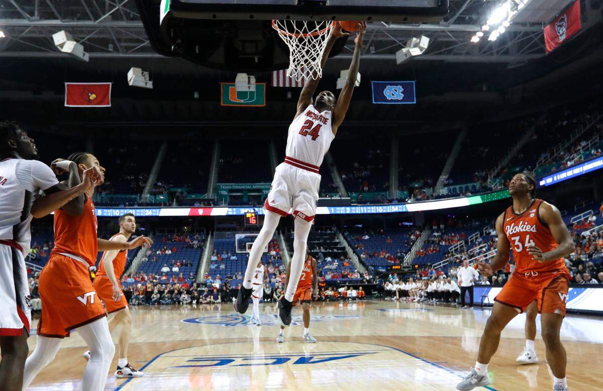 N.C. State’s Ernest Ross (24) heads in to the basket late in the second half of N.C. State’s 97-77 victory over Virginia Tech in the second round of the ACC Men’s Basketball Tournament in Greensboro, N.C., Wednesday, March 8, 2023.