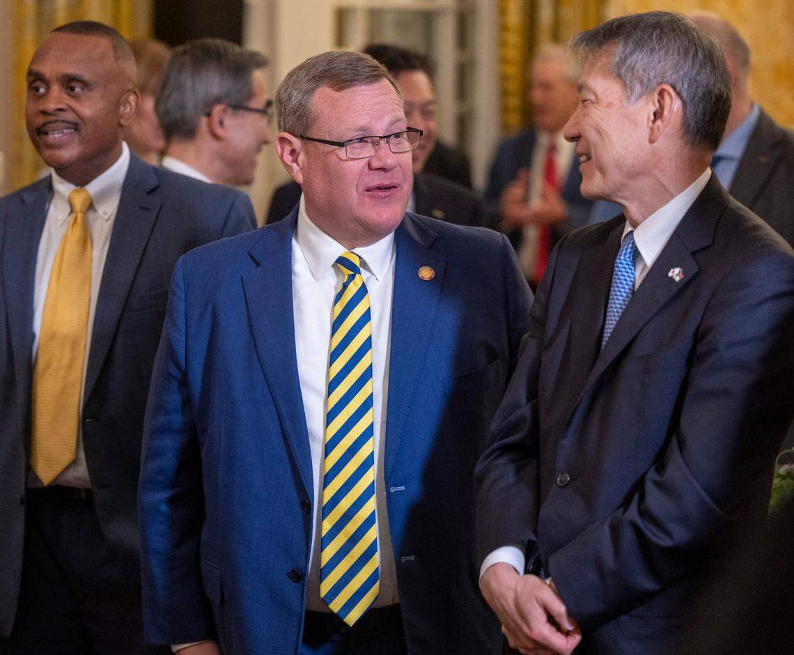 North Carolina House Speaker Tim Moore talks with guests prior to a luncheon in honor of Japanese Prime Minister Fumio Kishida on Friday, April 12, 2024 at the Executive Mansion in Raleigh, N.C.