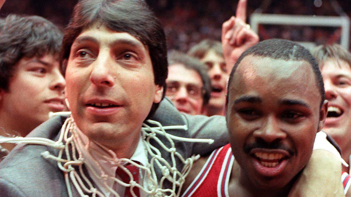 N.C. State’s Jim Valvano, left, celebrates with Sidney Lowe after the Wolfpack beat Houston to win the NCAA Championship in Albequerque, N.M. in March, 1983.