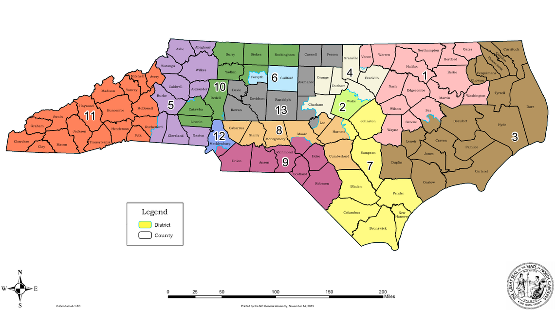 This is a map of the congressional districts used in North Carolina for the 2020 U.S. House elections. North Carolina, based on Census population data, is getting an additional seat in the U.S. House for the 2022 election.