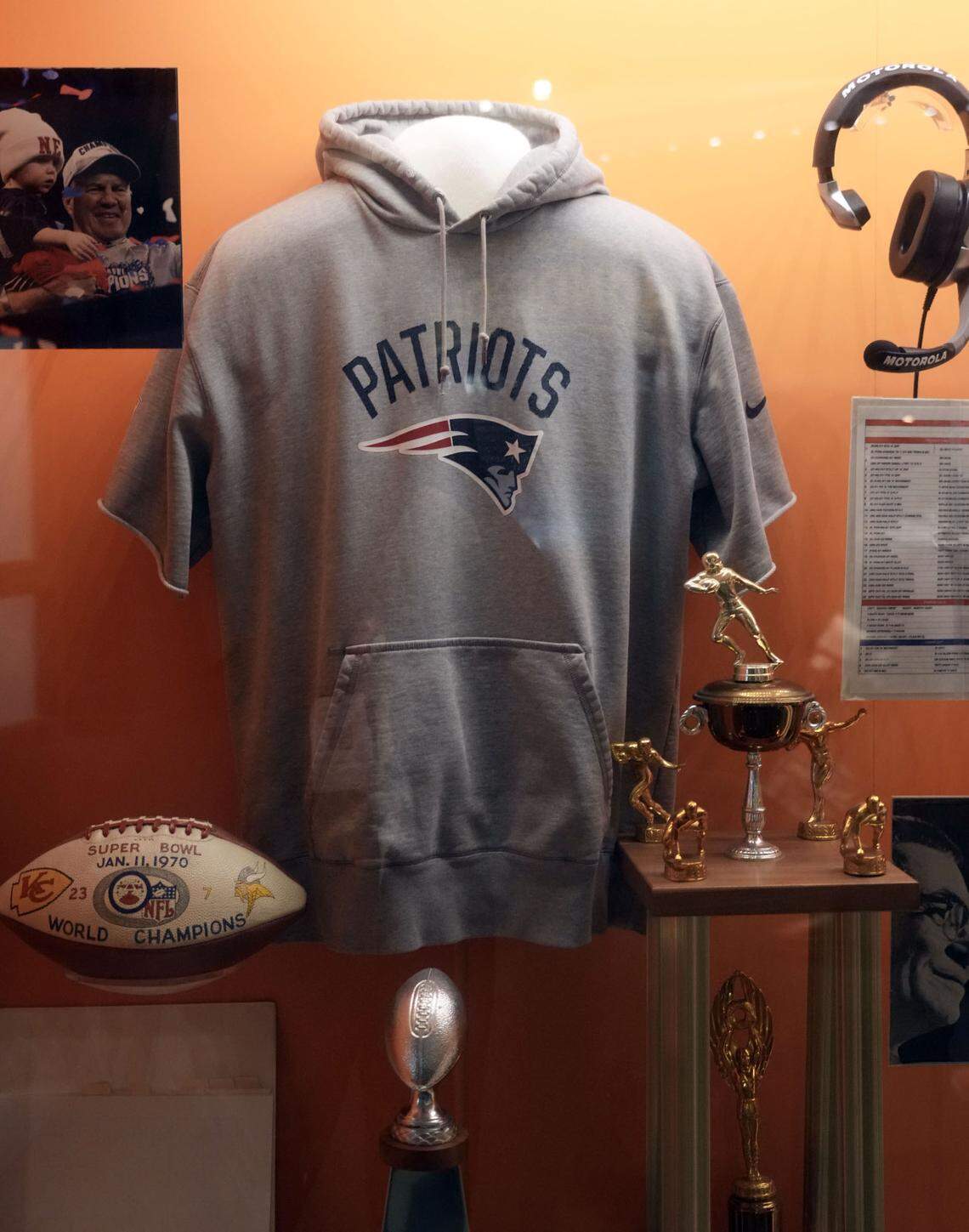 The hoodie of New England Patriots coach Bill Belichick on the display at the Pro Football Hall of Fame, photographed in August 2022.