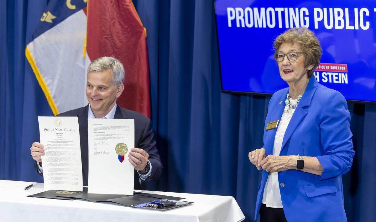 North Carolina Governor Josh Stein and Secretary of State Elaine Marshall, are show together after signing Stein’s Executive Order No. 37, establishing guardrails regarding state employees participation in prediction markets, at a press briefing on Wednesday, May 27, 2026 at the Albemarle Building in Raleigh, N.C.