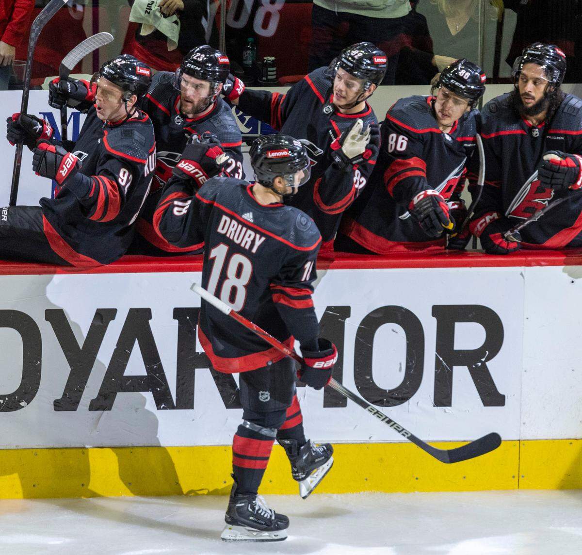 Carolina Hurricanes center Jack Drury (18) skates to the bench after scoring the game winning goal in the third period against the New York Islanders in Game 5 of the NHL Eastern Conference quarterfinals on Tuesday, April 30, 2024 at PNC Arena, in Raleigh N.C. The Hurricanes clinched the series 4-1.