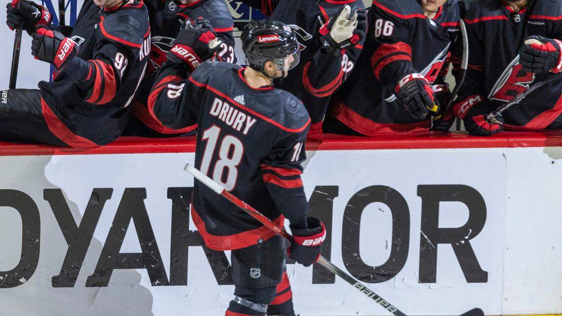 Carolina Hurricanes center Jack Drury (18) skates to the bench after scoring the game winning goal in the third period against the New York Islanders in Game 5 of the NHL Eastern Conference quarterfinals on Tuesday, April 30, 2024 at PNC Arena, in Raleigh N.C. The Hurricanes clinched the series 4-1.