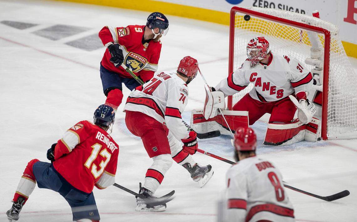 Thew Florida Panthers Sam Reinhart (13) scores on Carolina Hurricanes goalie Frederik Andersen (31) on a power play to take a 1-0 lead in the second period during Game 3 of the Eastern Conference Finals against the Florida Panthers on Monday, May 22, 2023 at FLA Live Arena in Sunrise, Fla.
