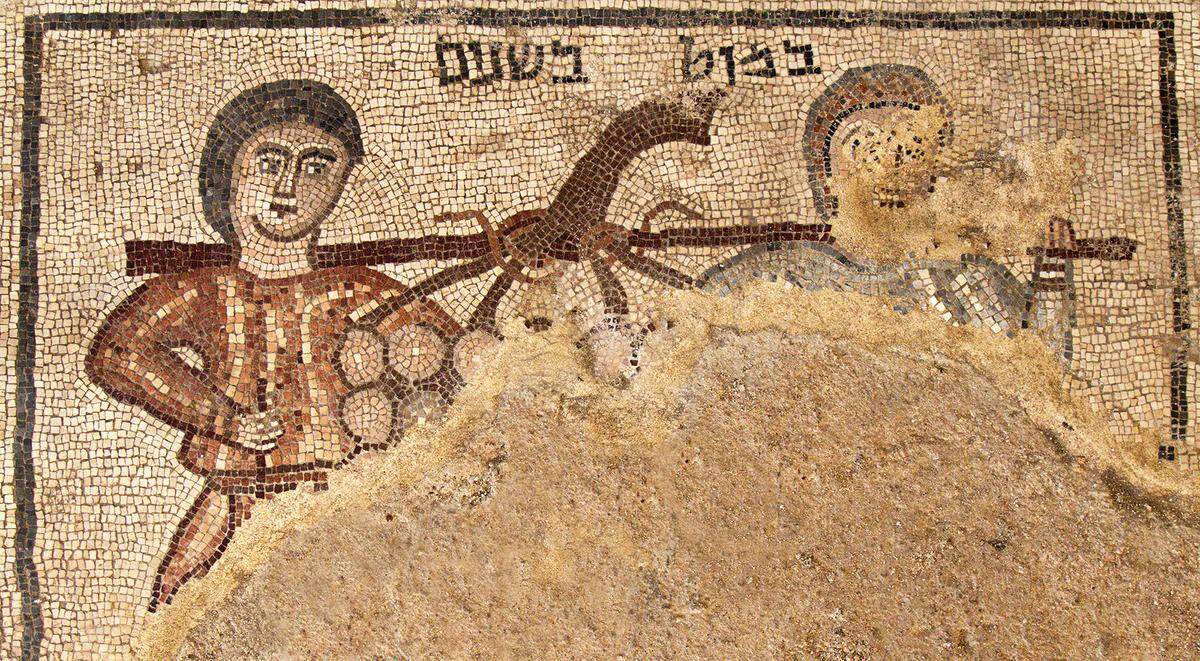 The Spies panel found at an excavation site of a fifth-century synagogue in  Huqoq, Israel. Jodi Magness, a UNC religious studies professor, has led the excavation that has led to the discoveries of  the first non-biblical scene depicted in a synagogue; painted plaster columns in rare condition; and oddly-located cisterns, which were used for water storage as well as several mosaics.