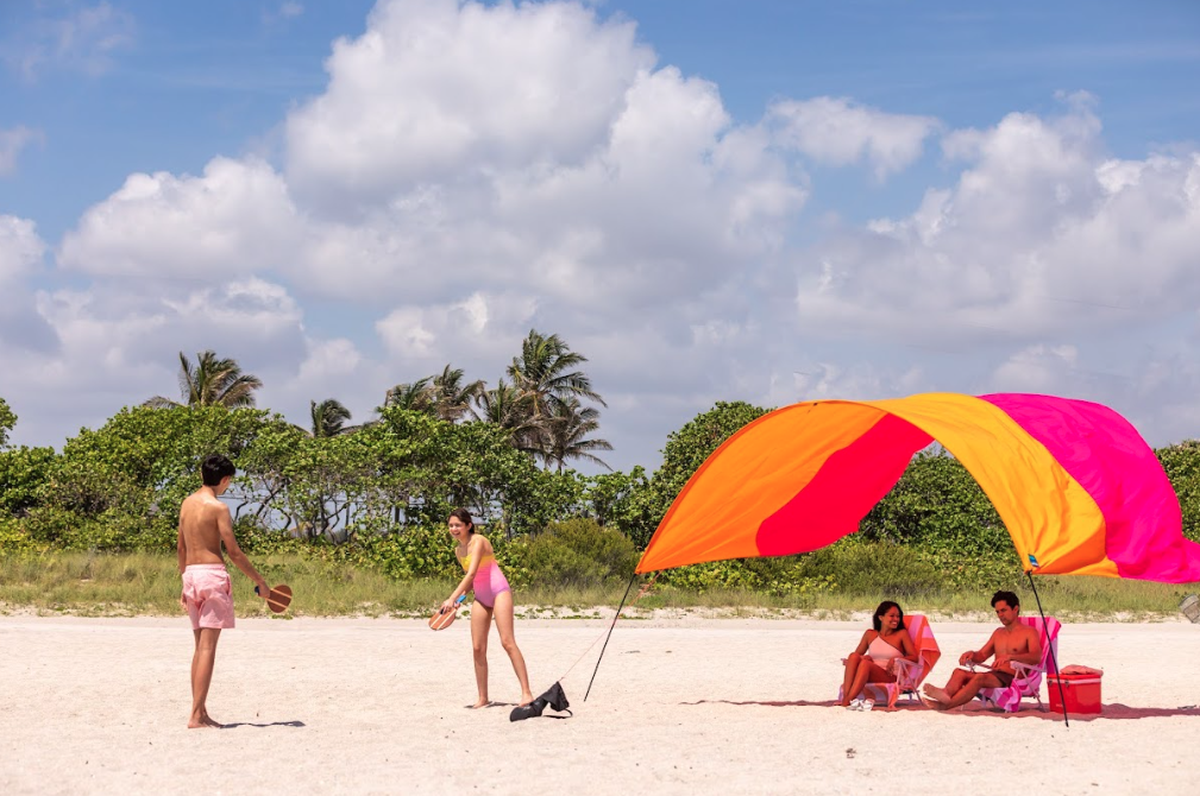 To keep up with demand, makers of the Shibumi Shade have only offered the original teal-and-blue design until this year. For summer 2024, a new pink and orange version will be available.
