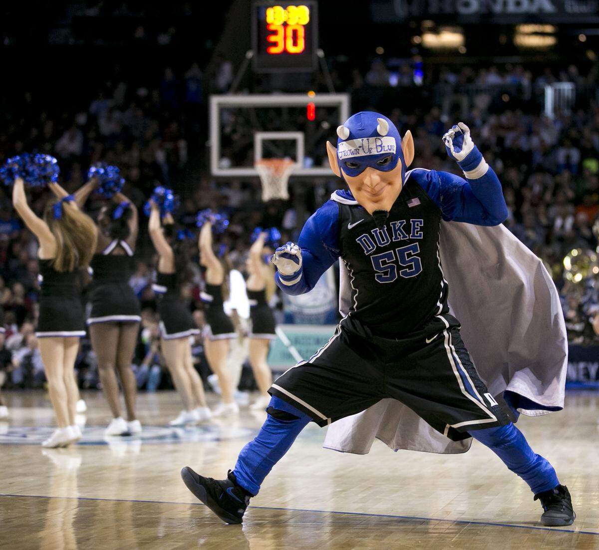 The Duke Blue Devils mascot dances during a time out in the second half of the ACC Tournament semi-final game against North Carolina, March 10, 2017.