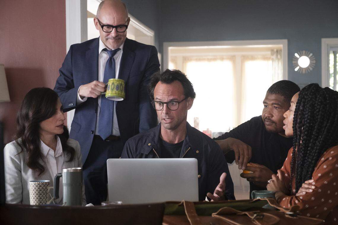 (L-R): Michaela Watkins as Delia, Rob Corddry as Forrest, Walton Goggins as Wade, Omar Benson Miller as Ben, Maya Lynne Robinson as Michelle in “The Unicorn” on CBS.