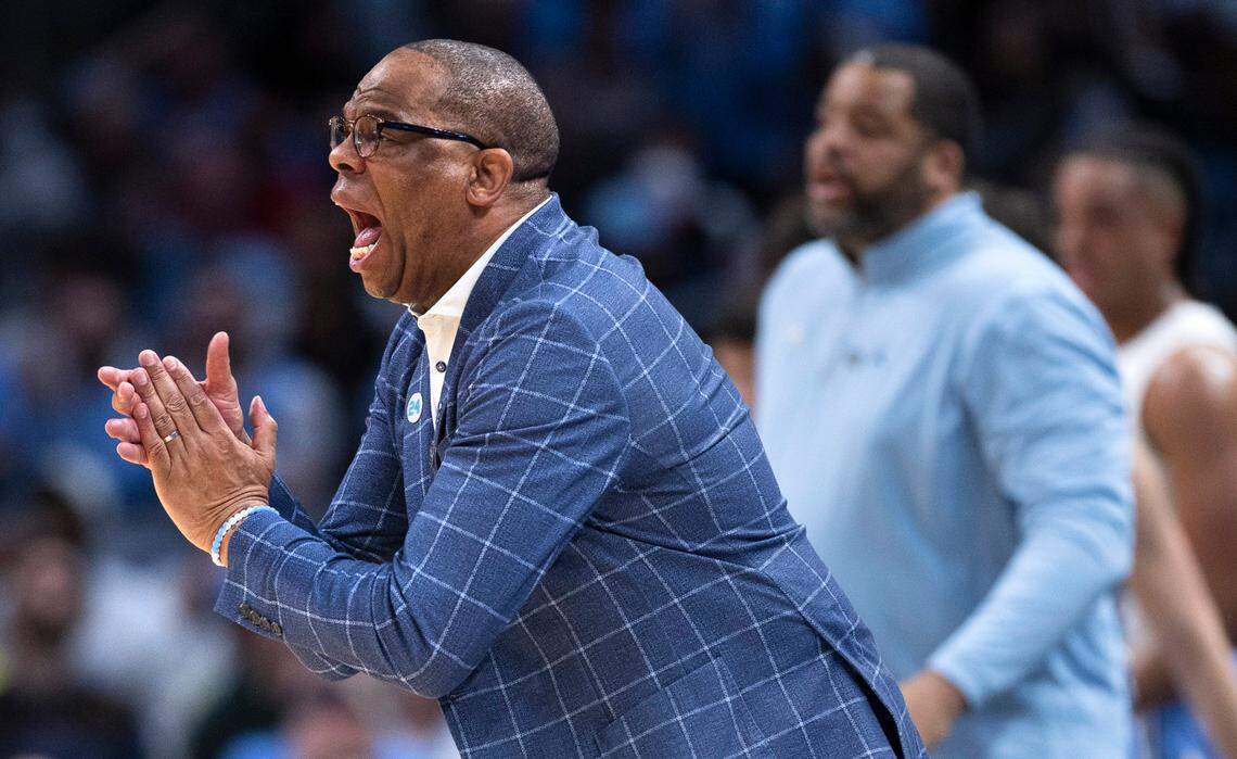 North Carolina coach Hubert Davis directs his team during the first half against Alabama in the NCAA Sweet Sixteen on Thursday, March 28, 2024 at Crypto.com Arena in Los Angeles, CA.
