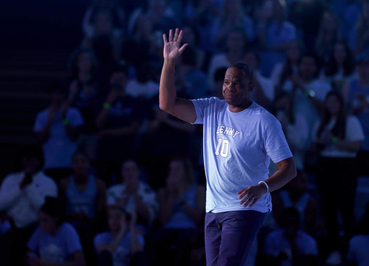 North Carolina men’s basketball head coach Hubert Davis waves to the crowd during “Live Action with Carolina Basketball” at the Dean E. Smith Center on Friday, Oct. 7, 2022, in Chapel Hill, N.C.
