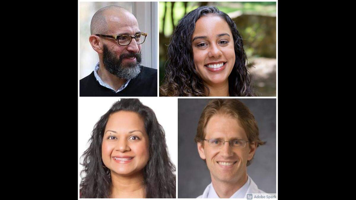 Clockwise: Dr. David Alain Wohl, a professor at the Institute of Global Health and Infectious Diseases at UNC-Chapel Hill; Dr. Alexa Mieses Malchuk, a family medicine physician and public health expert at UNC School of Medicine; Dr. Anita Skariah, a UNC Health internist and pediatrician; and Dr. David Cameron Wolfe, an infectious disease specialist at Duke University School of Medicine.