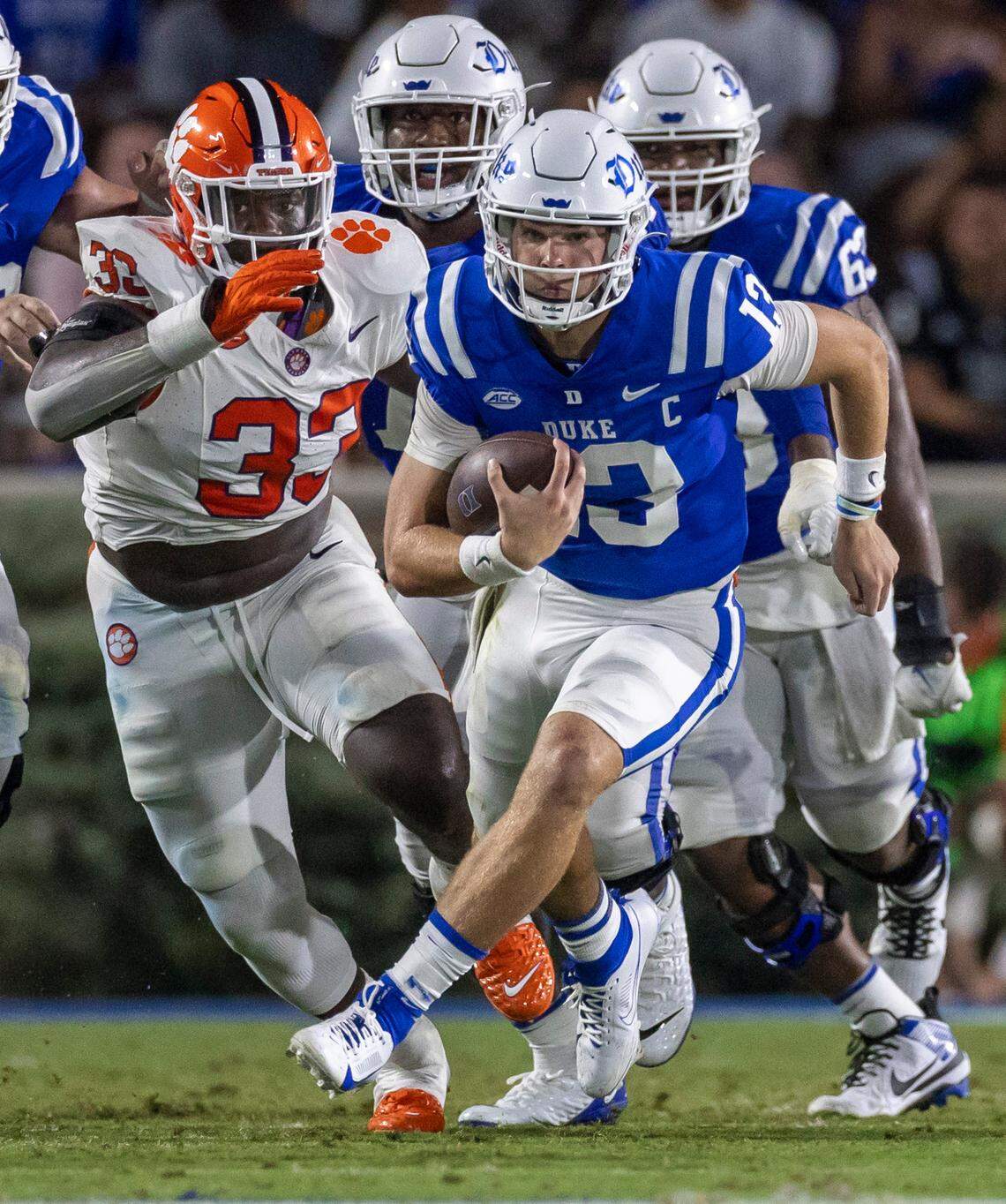 Duke quarterback Riley Leonard (13) breaks open for a 12-yard gain in the second quarter against Clemson on Monday, September 4, 2023 at Wallace Wade Stadium Stadium in Durham, N.C.